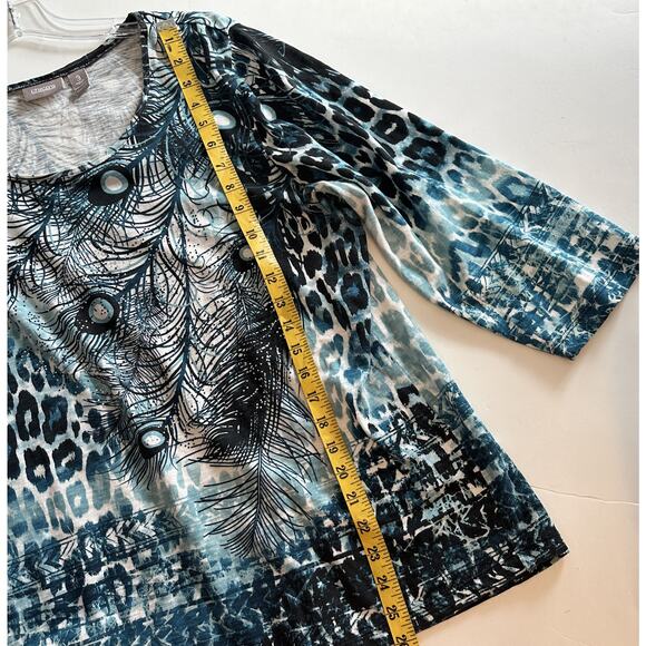 Chicos Peacock Feather Top Size 3 (Womens XL) Teal Sparkle Art to Wear Knit Tee - Picture 8 of 9